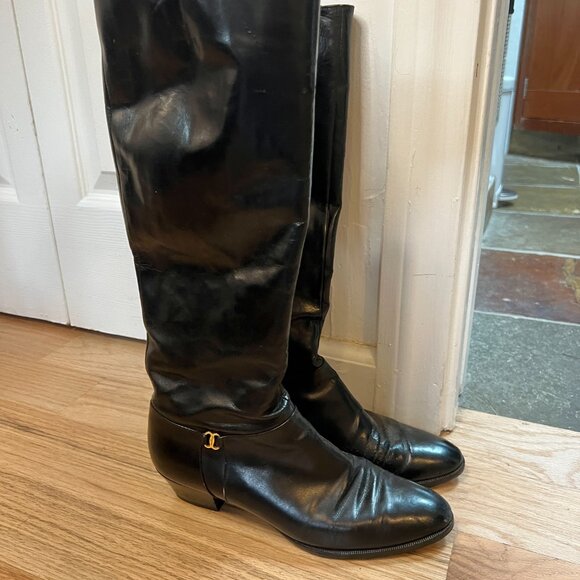 VINTAGE SALVATORE FERRAGAMO Black Leather Vero Cuoio Riding Boots Size 7 - Picture 1 of 10